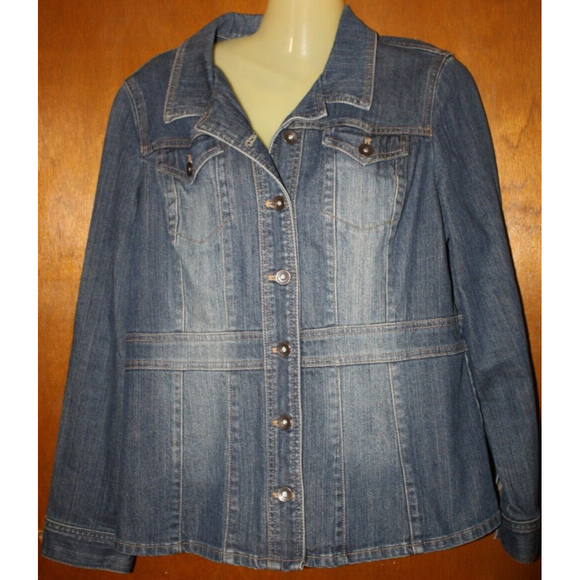 Axcess Liz Claiborne Denim Jean Jacket Sz L LS Blue Pockets Women's Juniors EUC - Picture 1 of 7